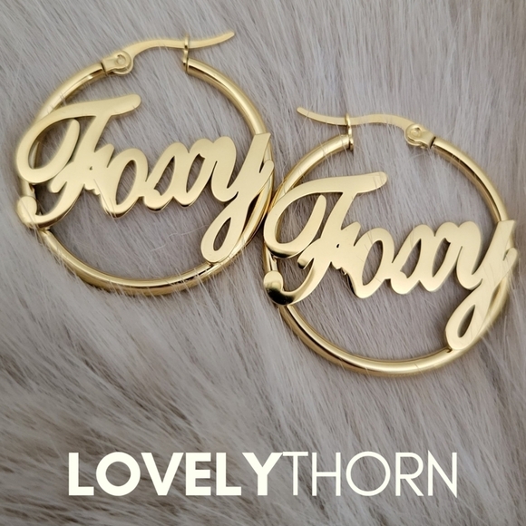 LovelyThorn Jewelry - LOVELYTHORN // ltd ed custom 18K gold-plated tarnish free hoops in "Foxy" script